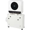 White rectangular device with round black fan grille at front, black control panel with buttons and icons, caster wheels at base