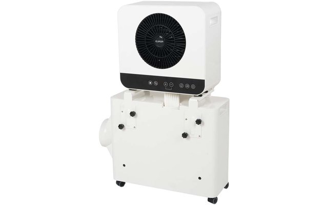 White rectangular device with round black fan grille at front, black control panel with buttons and icons, caster wheels at base