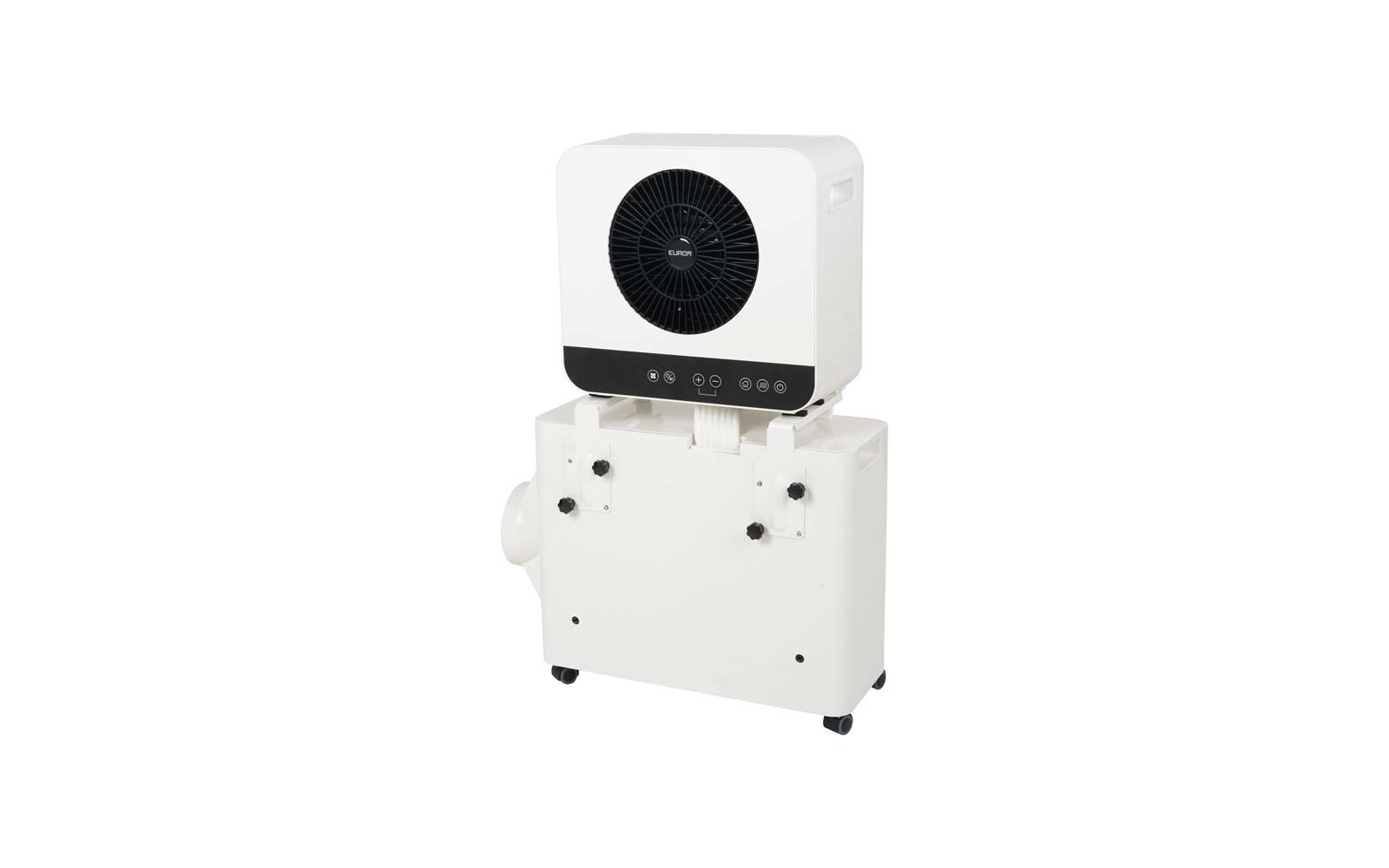 White rectangular device with round black fan grille at front, black control panel with buttons and icons, caster wheels at base