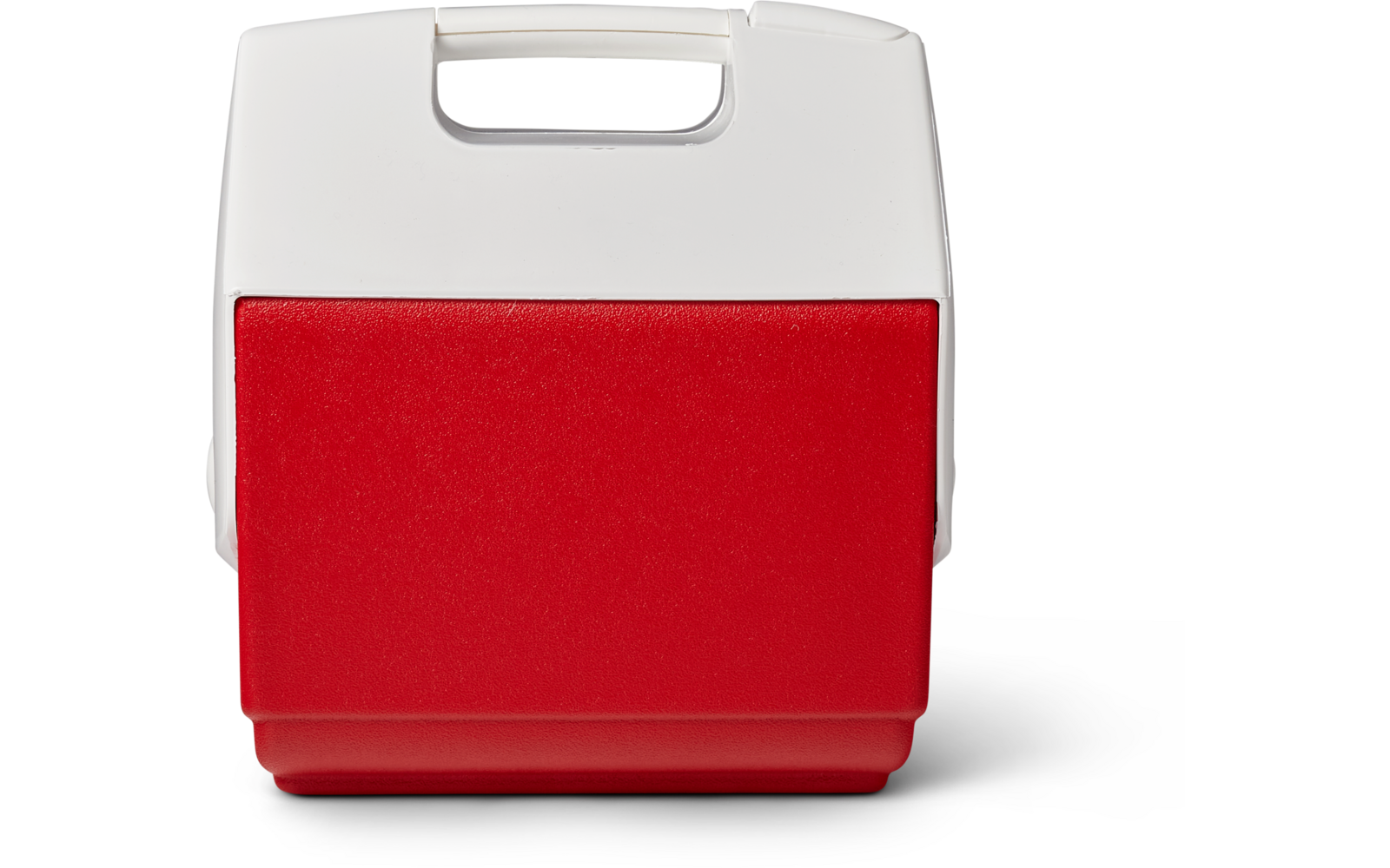 Kleine rechteckige tragbare Kühlbox aus Kunststoff, roter Korpus und weißer Deckel mit integriertem Griff