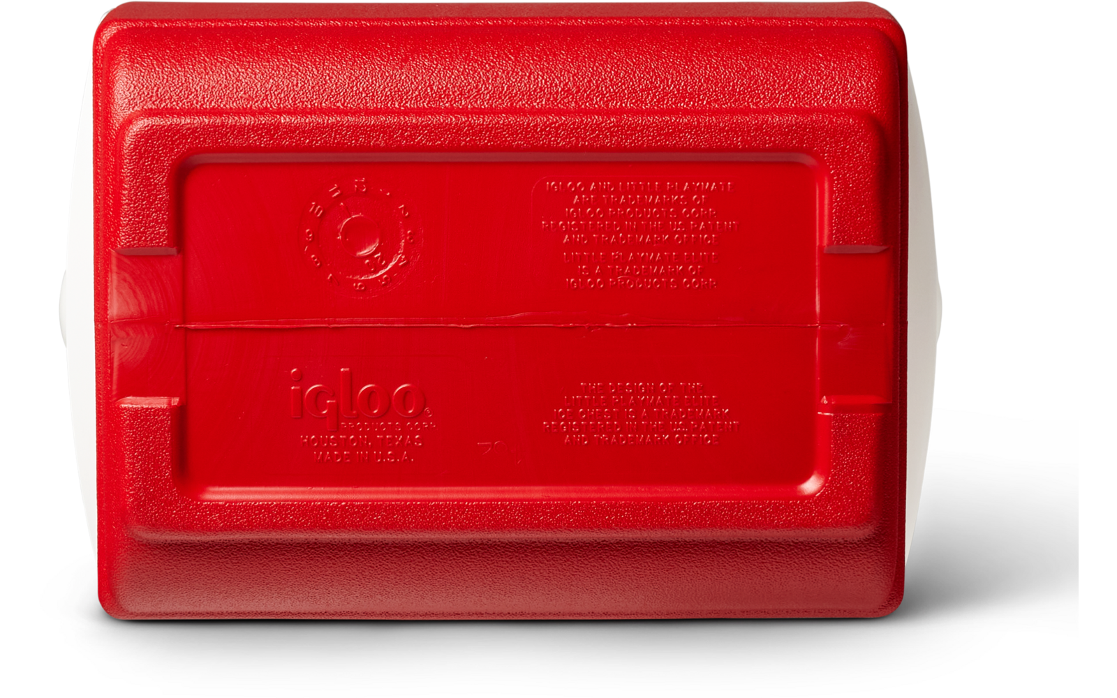 Rotes, rechteckiges Kunststoffobjekt mit geprägtem Schriftzug 'igloo' und strukturierten Flächen auf weißem Hintergrund