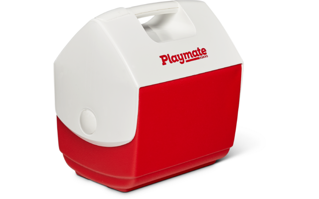 weiß-rotes Kunststoffbehältnis mit integriertem Griff oben und rotem Schriftzug 'Playmate' auf der weißen Fläche
