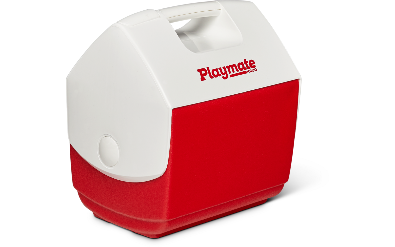 weiß-rotes Kunststoffbehältnis mit integriertem Griff oben und rotem Schriftzug 'Playmate' auf der weißen Fläche