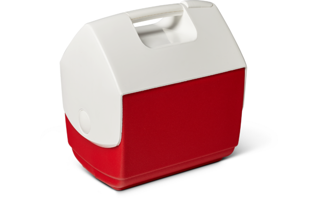 Kunststoffbox mit weißer Oberseite und integriertem Griff, roter Unterteil, rechteckig mit abgerundeten Ecken