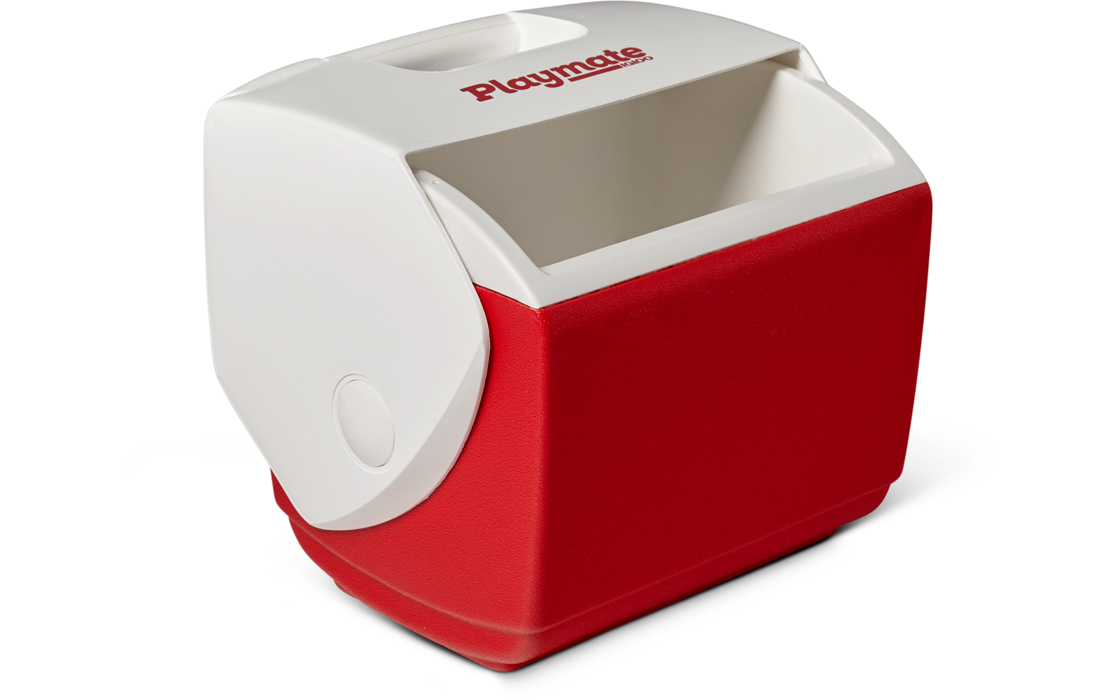 Rot-weiße kleine Kunststoff-Kühlbox mit offenem Deckel und Schriftzug 'Playmate' oben