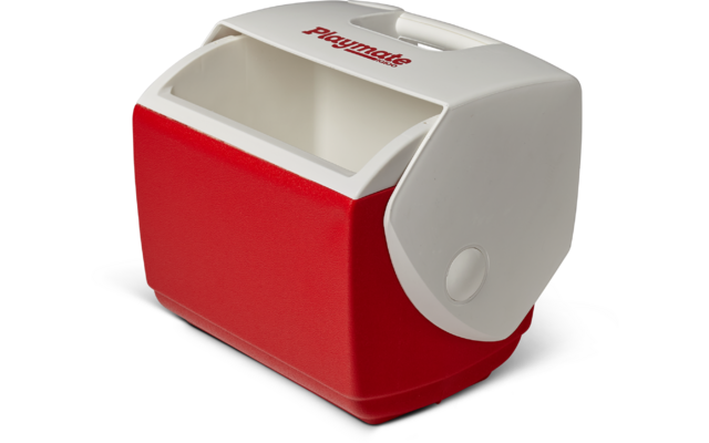 Roter rechteckiger Behälter mit weißem Deckel, integriertem Griff oben, rotem 'Playmate'-Schriftzug auf dem Deckel und runder Taste an der rechten Seite