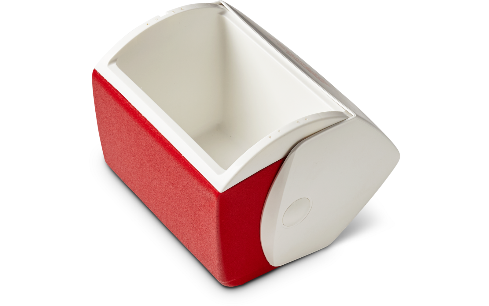 Rot-weiße rechteckige Kunststoffbox mit offenem weißem Innenraum und abgerundeter weißer Seitenplatte mit runder Vertiefung