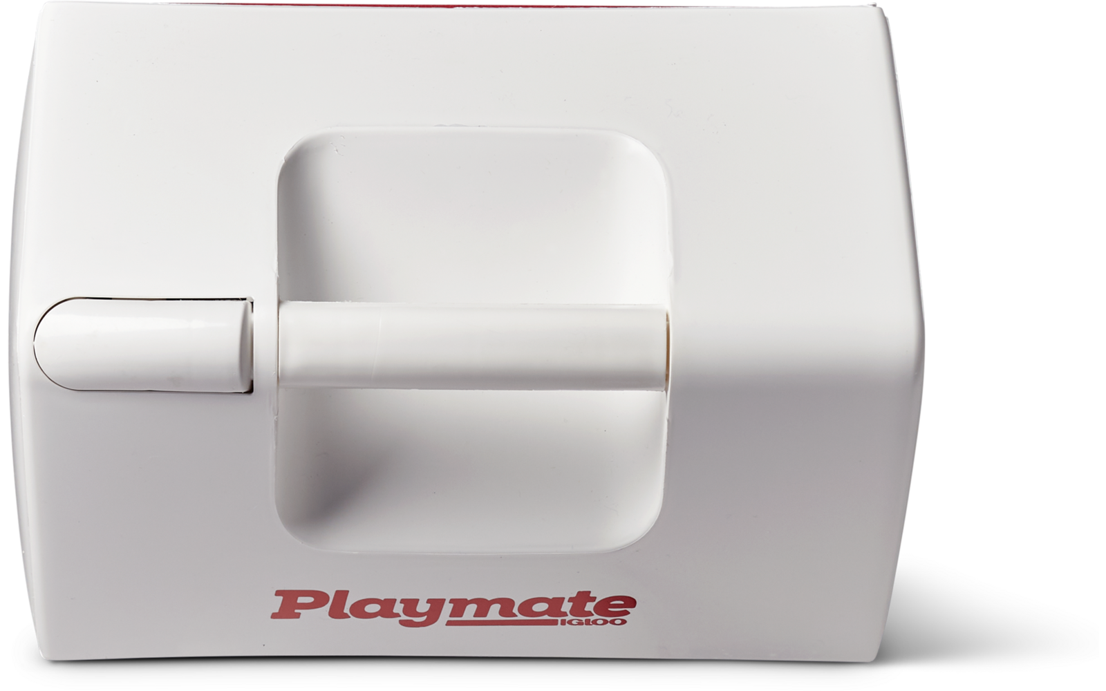 Weißes rechteckiges Gehäuse mit eingesenktem rechteckigen Griff, horizontaler Schiebestange und roter Aufschrift 'Playmate'