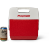 Weiß-roter Tragkühler mit Griff und der Aufschrift „Playmate“ auf dem Deckel; links daneben eine Getränkedose mit beiger Etikette und der Aufschrift „Igloo“