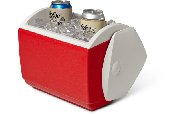 Rote tragbare Kühlbox mit Eis und zwei Getränkedosen im Inneren