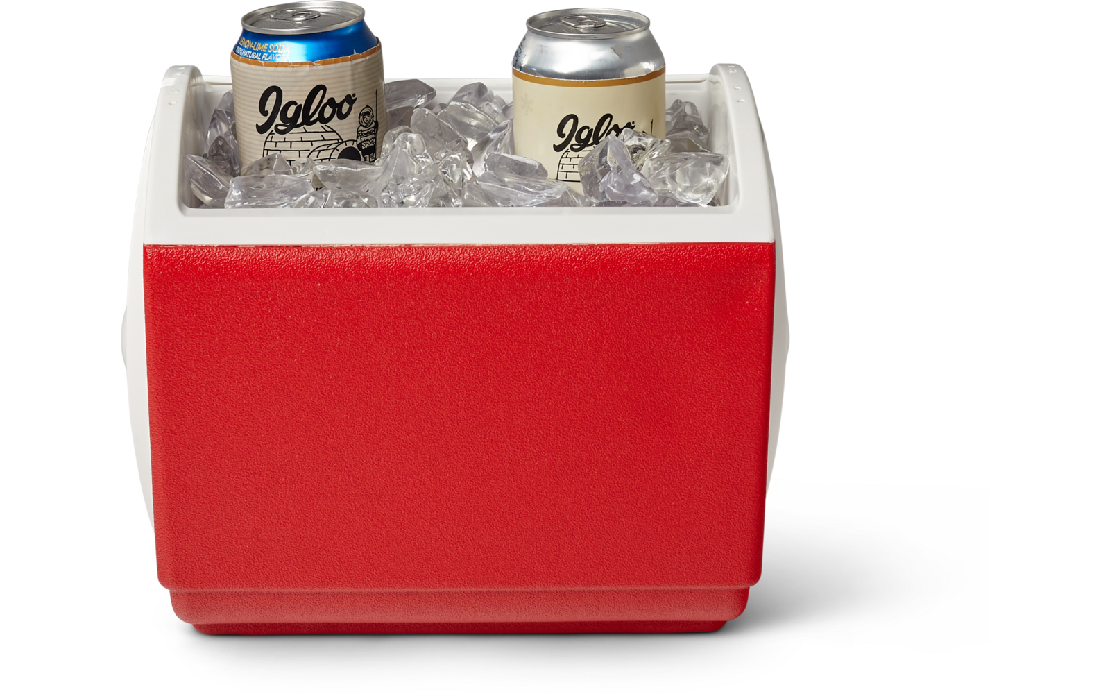 Roter und weißer Kühlbehälter gefüllt mit Eis, darin zwei beige Getränkedosen mit Schriftzug Igloo