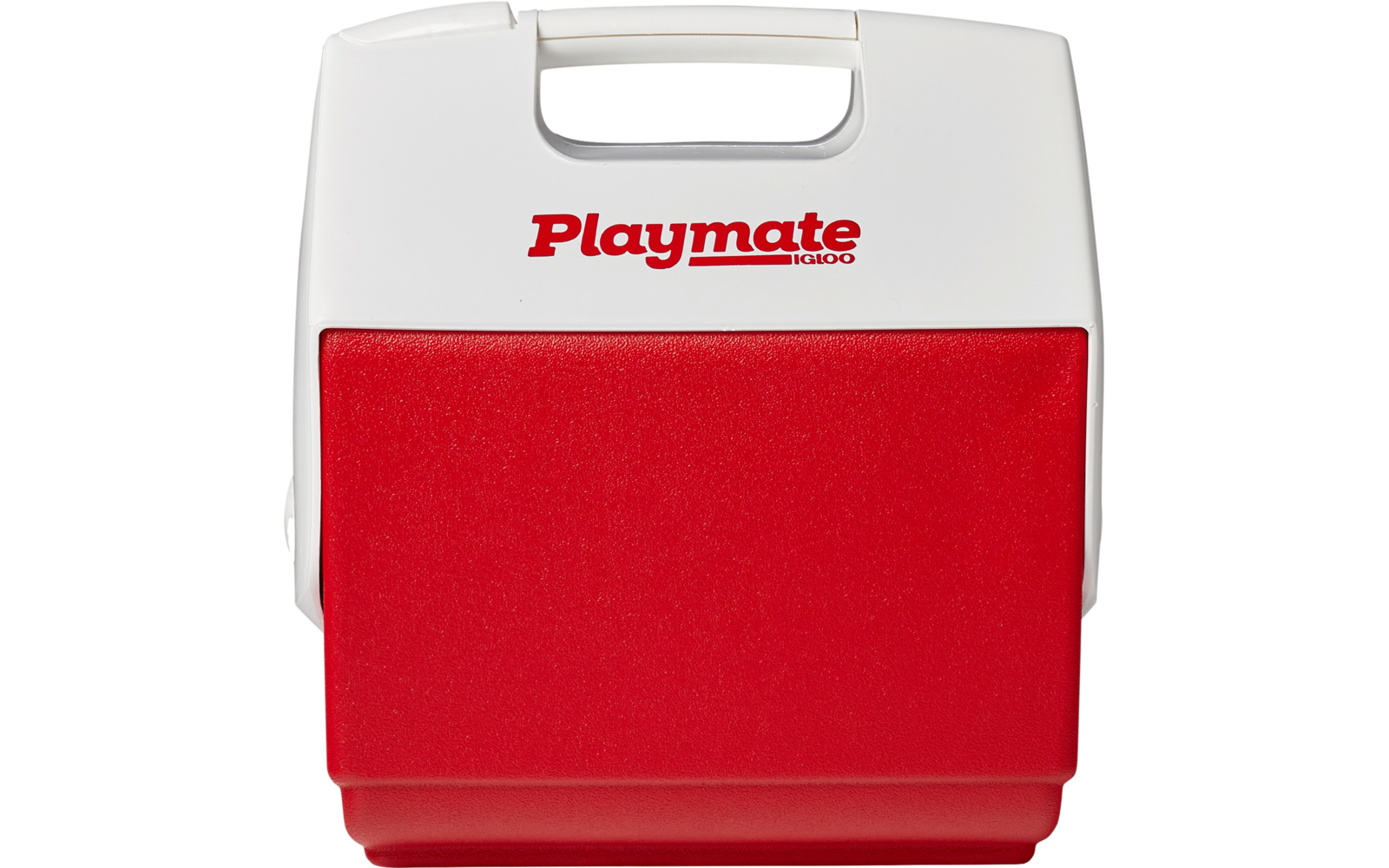 Rechteckiger Behälter mit weißer Oberseite und roter Unterseite, Griff oben, roter Schriftzug "Playmate" auf der weißen Fläche