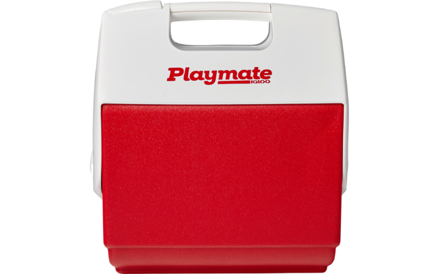 Rechteckiger Behälter mit weißer Oberseite und roter Unterseite, Griff oben, roter Schriftzug "Playmate" auf der weißen Fläche