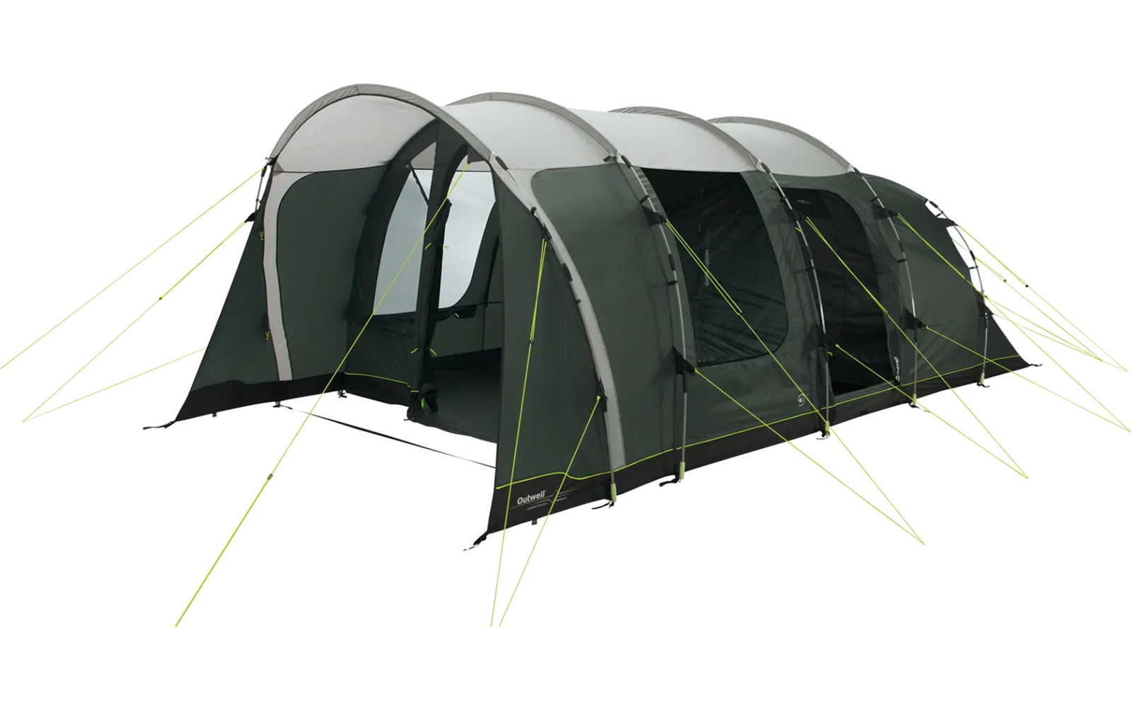 Großes grünes Zelt mit mehreren Stangen und gelben Abspannleinen