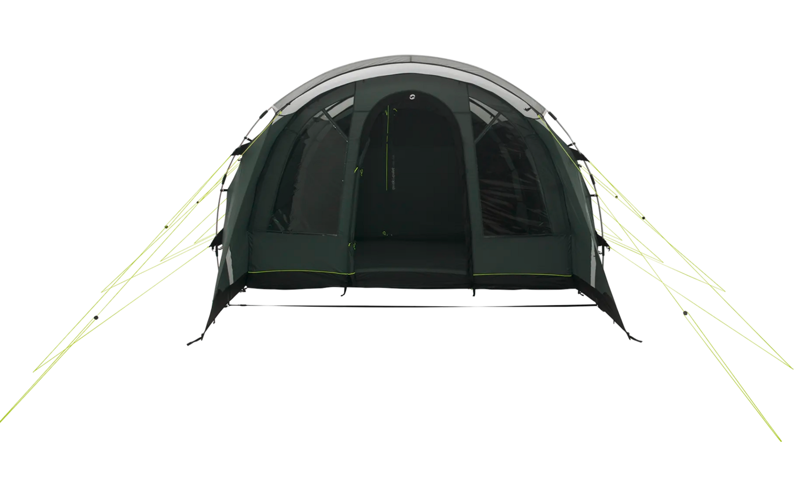 Ein dunkelgraues Zelt mit grünen Abspannleinen