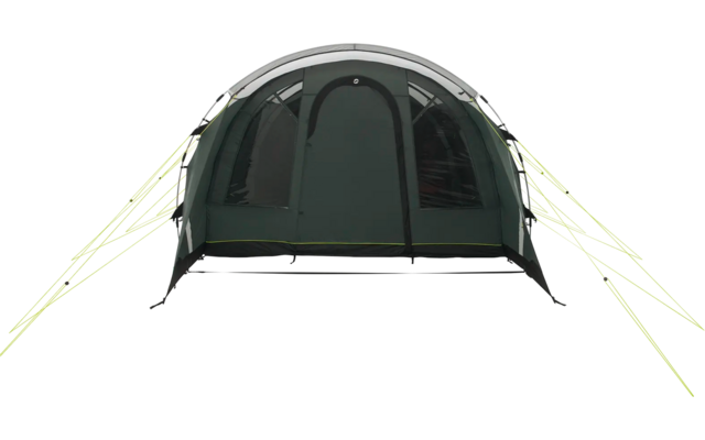 Grünes Campingzelt mit hellgrünen Abspannleinen auf weißem Hintergrund