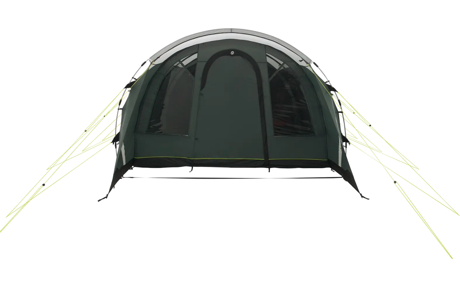 Grünes Campingzelt mit hellgrünen Abspannleinen auf weißem Hintergrund