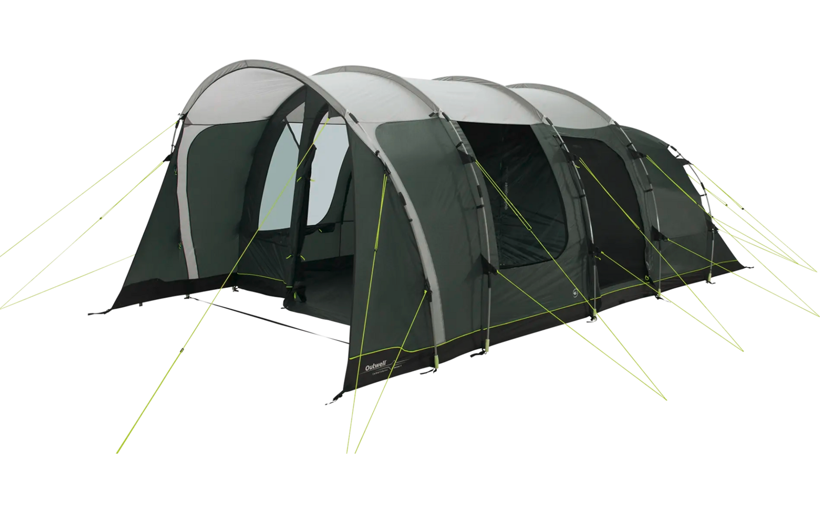 Großes graues Zelt mit mehreren Eingängen und grünen Abspannleinen