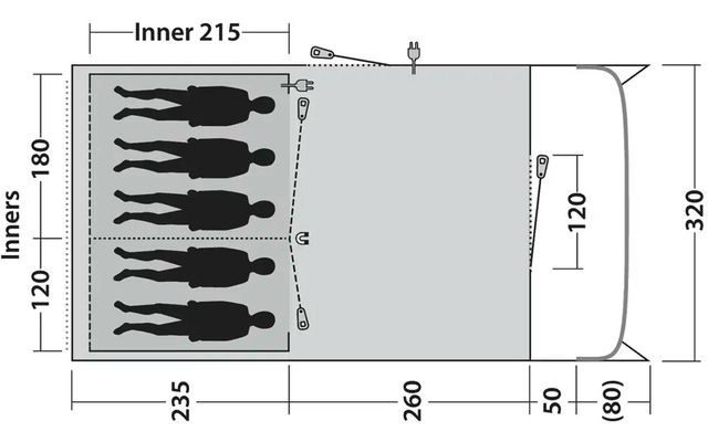 Schematische Zeichnung eines Zeltes mit Abmessungen und Personen im Inneren