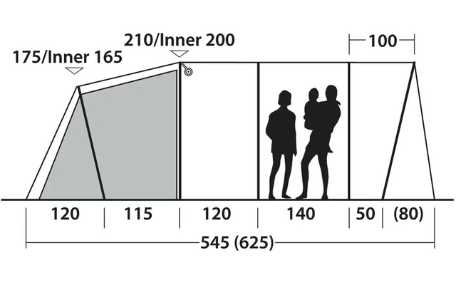 Technische Zeichnung eines Zeltes mit Maßen und zwei stehenden Personen, eine trägt ein Kind