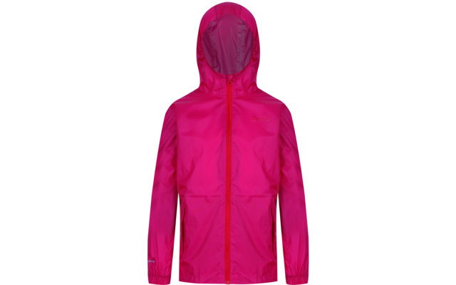 Vorderansicht einer pinken Kapuzenjacke mit Reißverschluss, langen Ärmeln, elastischen Bündchen, seitlichen Nahttaschen und kleinem Brustlogo