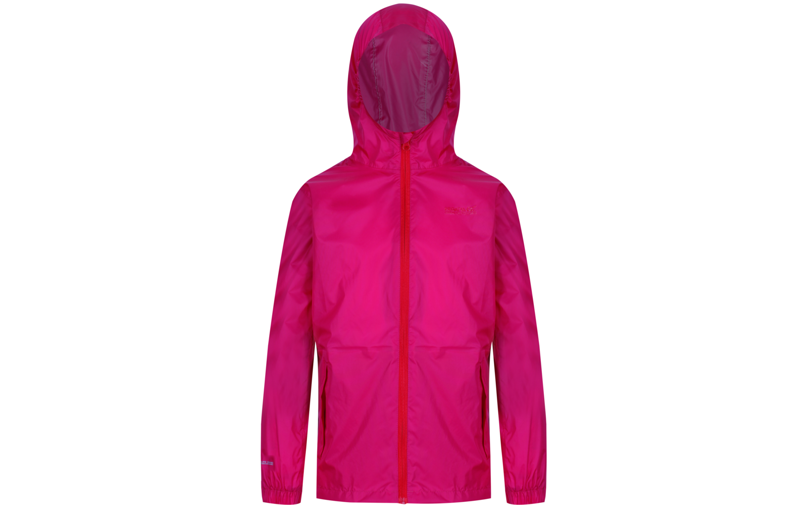 Vorderansicht einer pinken Kapuzenjacke mit Reißverschluss, langen Ärmeln, elastischen Bündchen, seitlichen Nahttaschen und kleinem Brustlogo