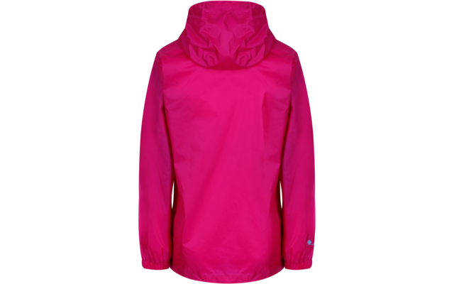 Rückansicht einer pinken Jacke mit Kapuze, langen Ärmeln, elastischen Bündchen und kleinem Logo am linken Ärmel vor weißem Hintergrund