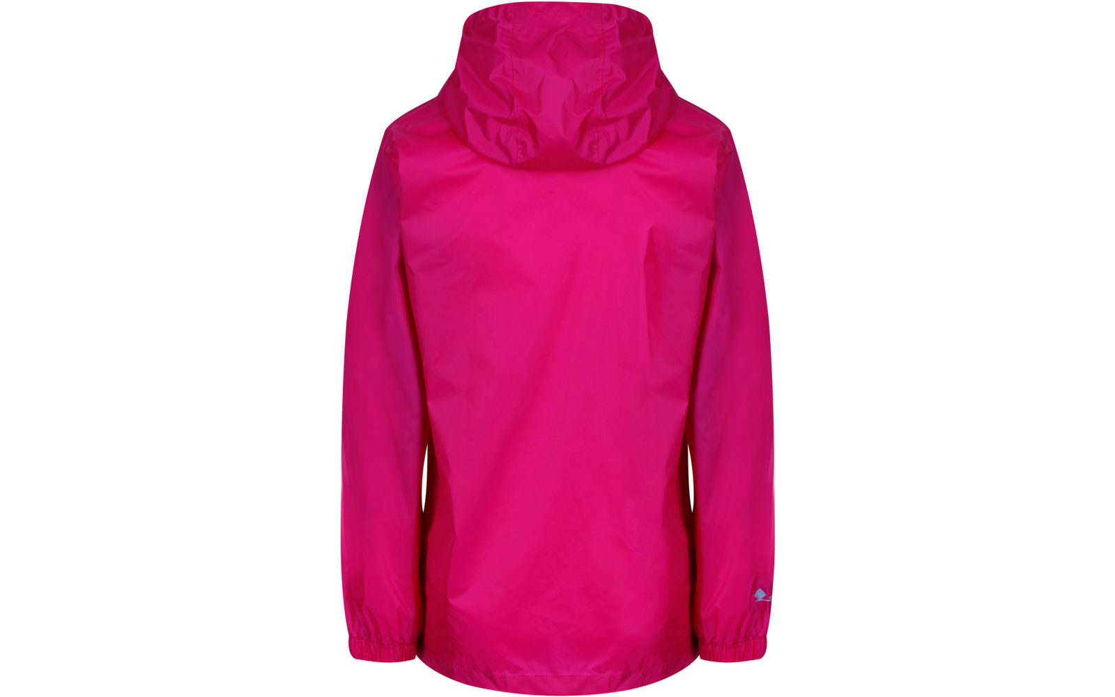 Rückansicht einer pinken Jacke mit Kapuze, langen Ärmeln, elastischen Bündchen und kleinem Logo am linken Ärmel vor weißem Hintergrund