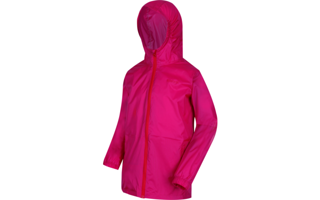 Pink hooded rain jacket with full-length zipper, long sleeves and elastic cuffs on white background