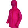 Pink hooded rain jacket with full-length zipper, long sleeves and elastic cuffs on white background