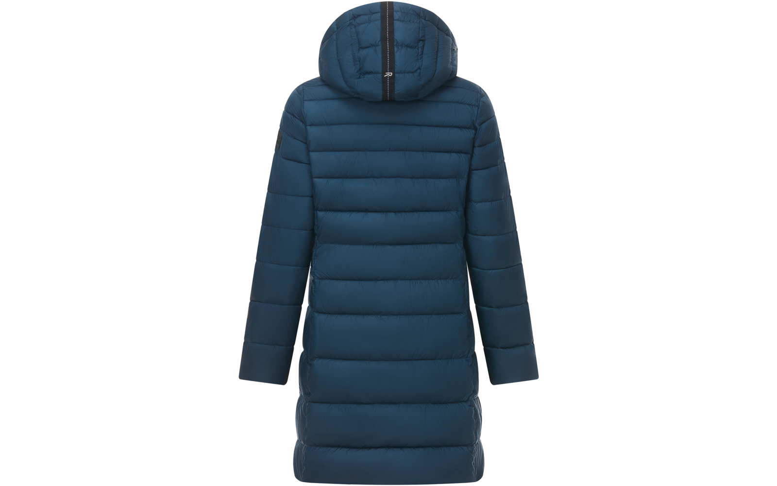 Vista posteriore di un cappotto imbottito blu scuro con cappuccio, cuciture orizzontali, maniche lunghe e lunghezza a metà coscia