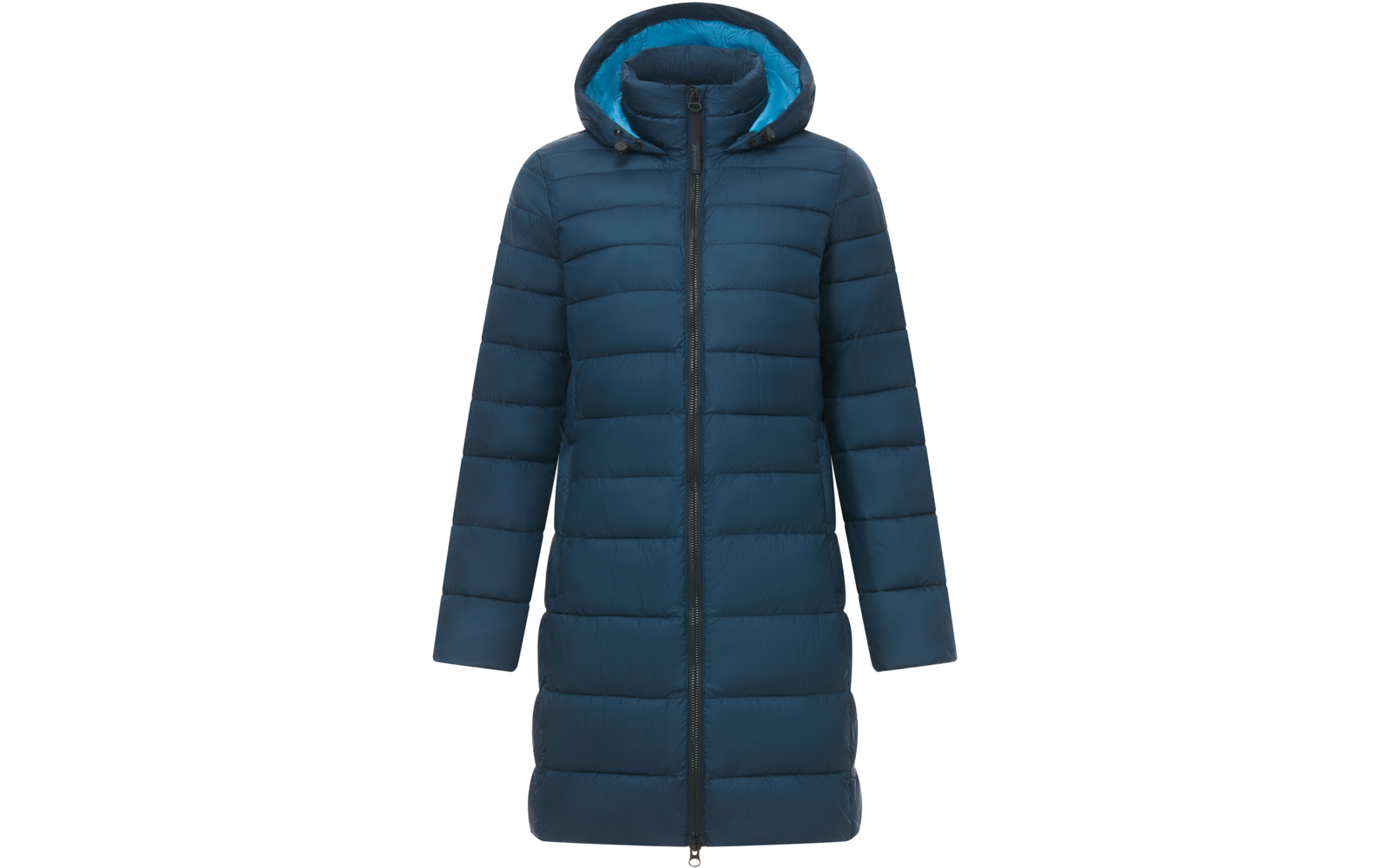 Cappotto trapuntato blu scuro con cappuccio e cerniera centrale a tutta lunghezza, fodera del cappuccio azzurra, vista frontale su sfondo bianco