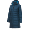 Cappotto imbottito blu scuro di lunghezza media con cappuccio; fodera del cappuccio azzurra, cerniera frontale, tasche laterali con zip, maniche lunghe