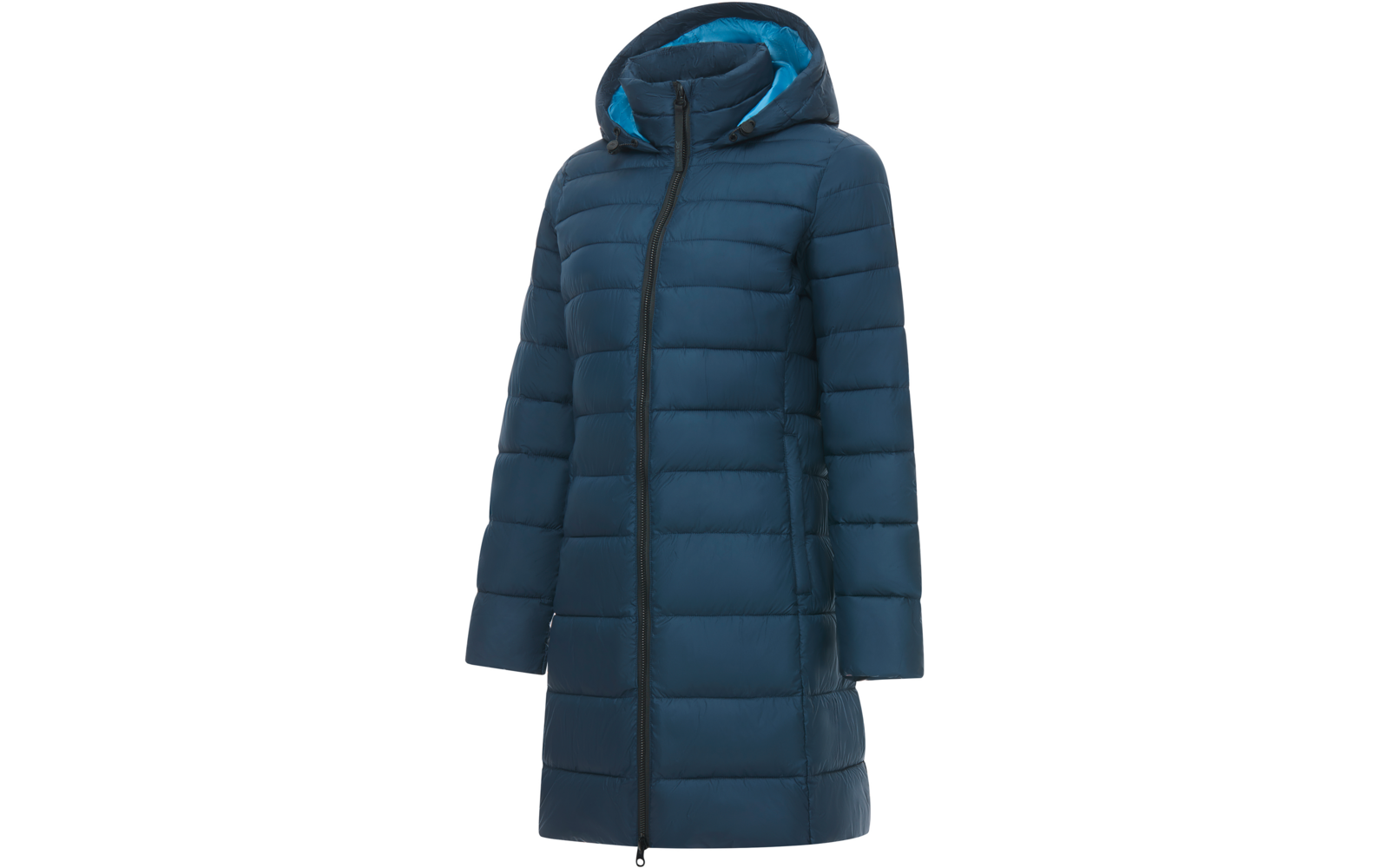 Cappotto imbottito blu scuro di lunghezza media con cappuccio; fodera del cappuccio azzurra, cerniera frontale, tasche laterali con zip, maniche lunghe