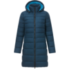 Cappotto trapuntato blu scuro con cappuccio e cerniera centrale a tutta lunghezza, fodera del cappuccio azzurra, vista frontale su sfondo bianco