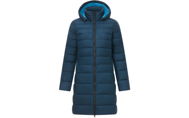 Cappotto trapuntato blu scuro con cappuccio e cerniera centrale a tutta lunghezza, fodera del cappuccio azzurra, vista frontale su sfondo bianco