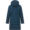Vista posteriore di un cappotto imbottito blu scuro con cappuccio, cuciture orizzontali, maniche lunghe e lunghezza a metà coscia