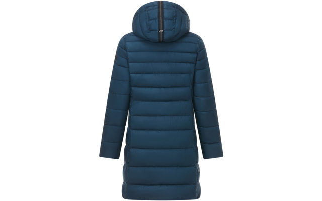 Vista posteriore di un cappotto imbottito blu scuro con cappuccio, cuciture orizzontali, maniche lunghe e lunghezza a metà coscia