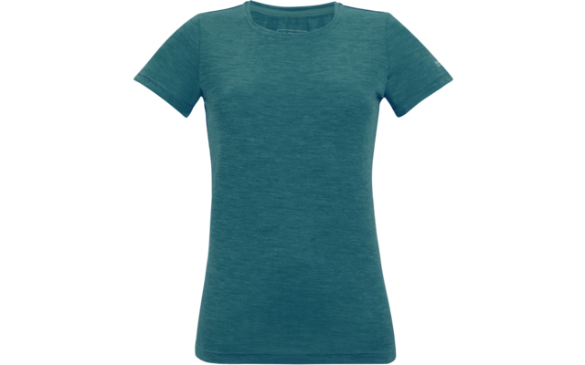 Turkooisgetint, getailleerd T-shirt met korte mouwen en ronde hals op witte achtergrond