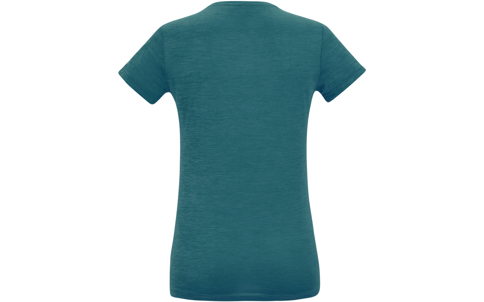 Achteraanzicht van een turkoois T-shirt met korte mouwen op een witte achtergrond