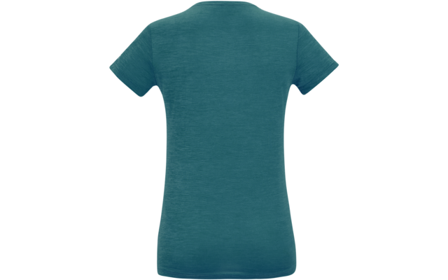 Achteraanzicht van een turkoois T-shirt met korte mouwen op een witte achtergrond