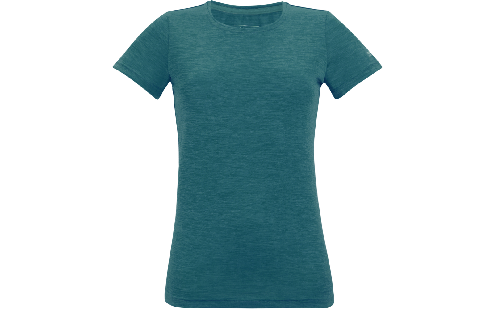 Turkooisgetint, getailleerd T-shirt met korte mouwen en ronde hals op witte achtergrond