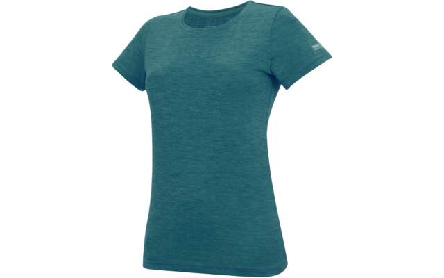 Turkooisgroen gemêleerd T‑shirt met korte mouwen, ronde hals en klein logo op de linker mouw