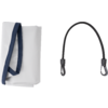 White folded bag with dark blue straps on the left; curved black strap with loops at both ends on the right
