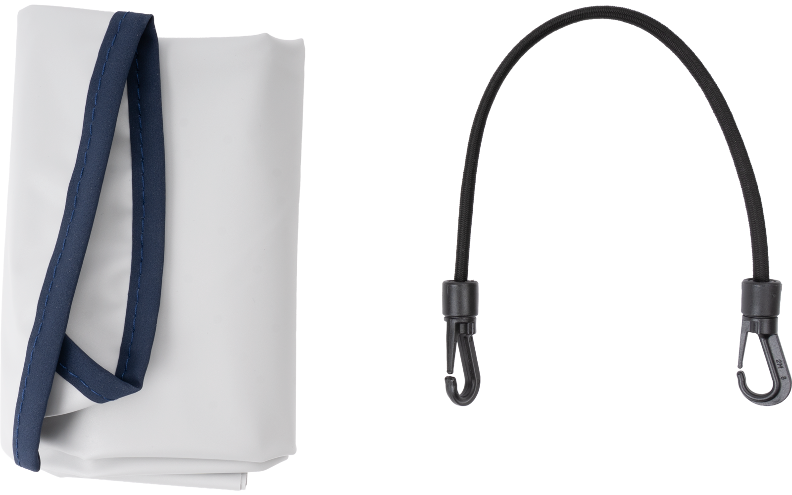 White folded bag with dark blue straps on the left; curved black strap with loops at both ends on the right