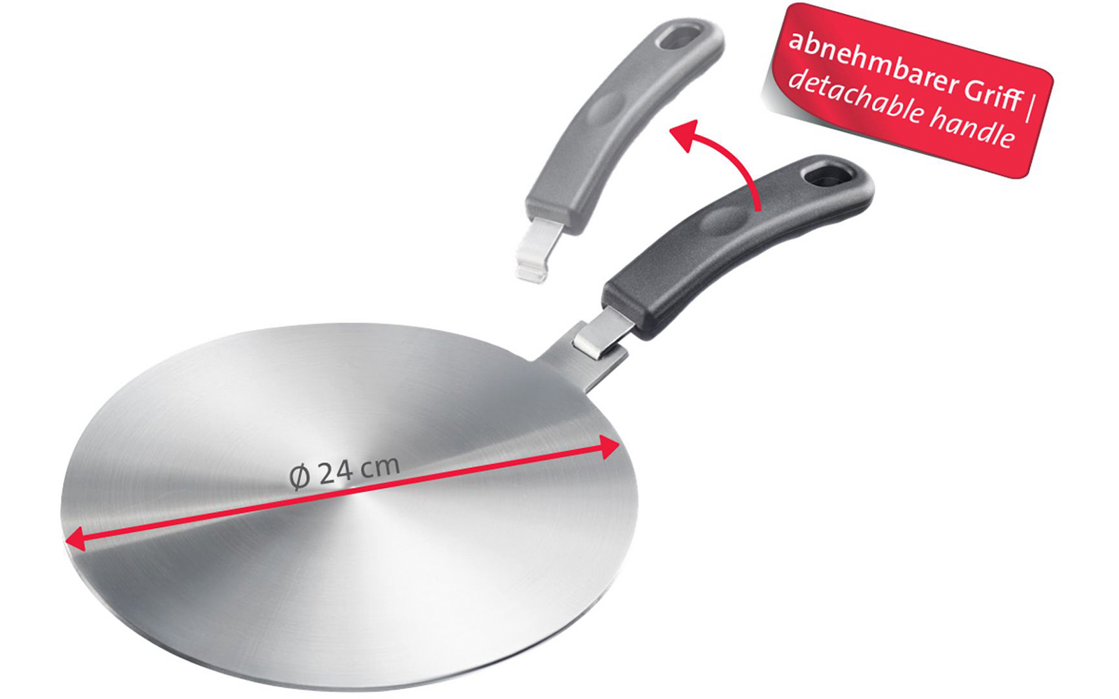 Disque métallique rond argenté brossé avec inscription 'Ø 24 cm', deux poignées grises (une fixée, une détachée), flèches rouges et étiquette rouge indiquant 'abnehmbarer Griff | detachable handle'