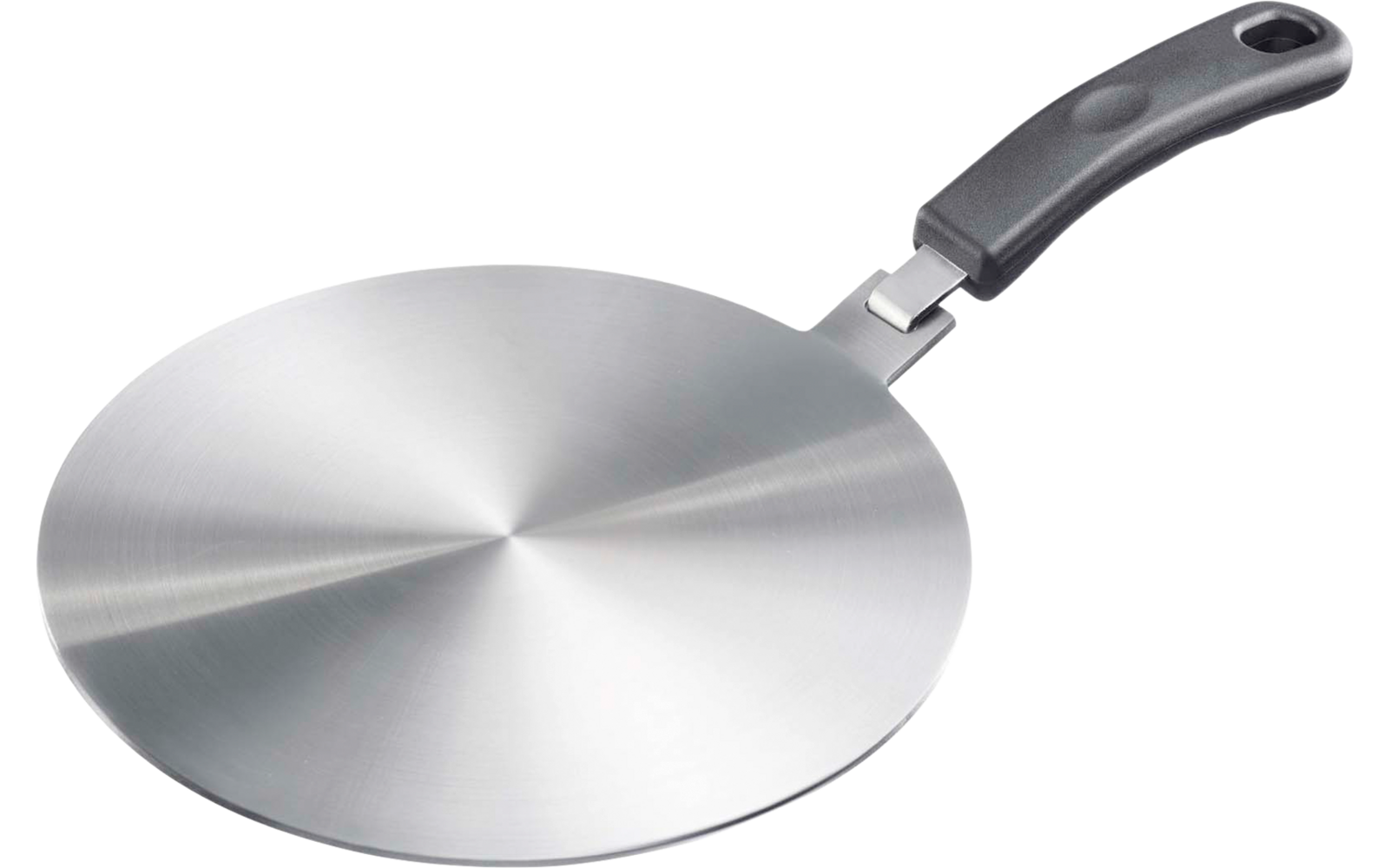 Plaque ronde et plate en acier inoxydable à finition brossée concentrique et poignée en plastique noir avec trou de suspension