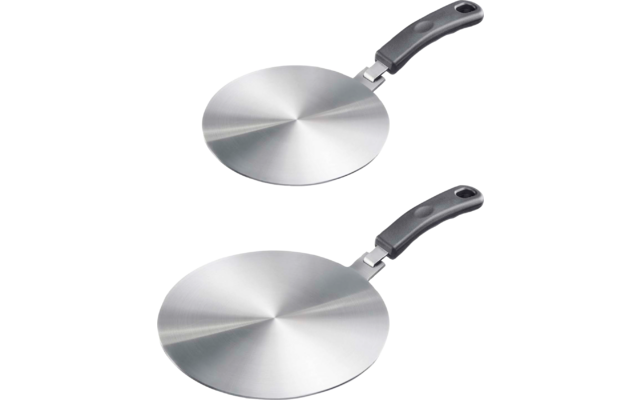 Deux plateaux ronds en acier inoxydable avec poignées noires ; étiquette haute Art.-Nr. 1231 2260 ø 14 cm, étiquette basse Art.-Nr. 1232 2260 ø 24 cm