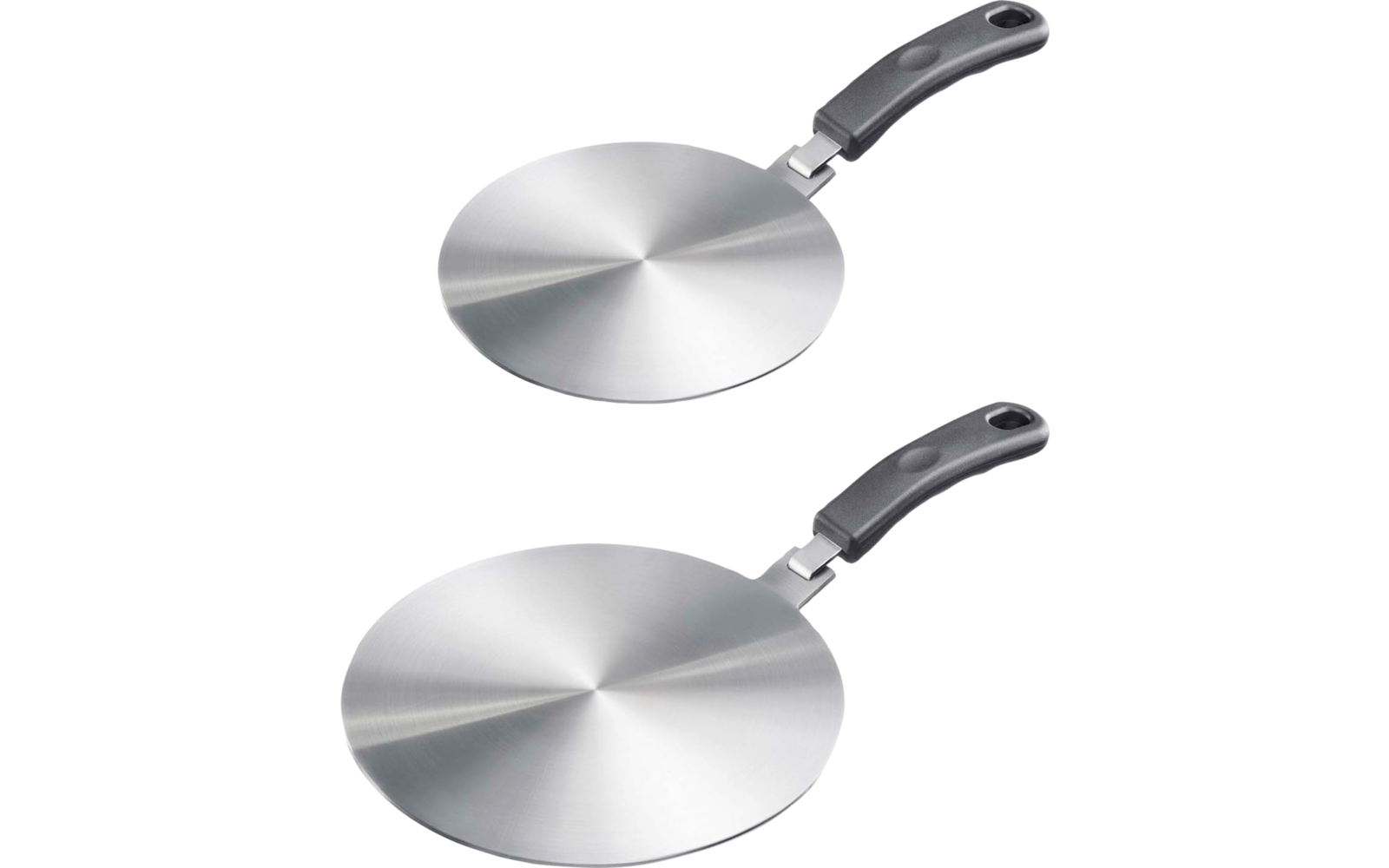 Deux plateaux ronds en acier inoxydable avec poignées noires ; étiquette haute Art.-Nr. 1231 2260 ø 14 cm, étiquette basse Art.-Nr. 1232 2260 ø 24 cm