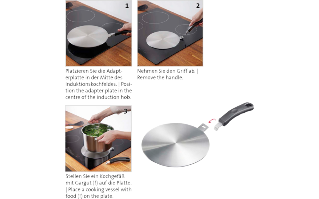 Quatre images : 1) Plaque adaptatrice métallique sur une plaque vitrocéramique, une main tient une poignée. 2) Main retirant une poignée amovible de la plaque adaptatrice. 3) Une casserole avec contenu vert sur la plaque adaptatrice, une main touche la casserole. 4) Plaque adaptatrice et poignée détachée sur fond blanc, flèche rouge entre la poignée et la plaque